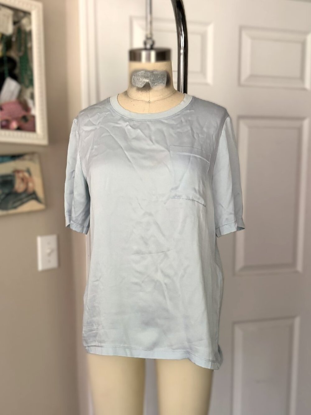 MAJE pale blue 100% Silk pocket front Classic stretch short sleeve T-Shirt *SML*